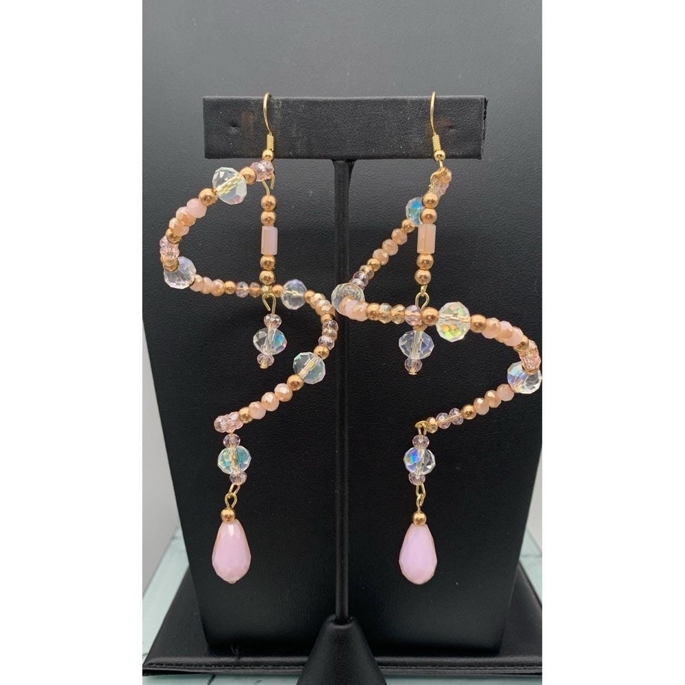Gold Tone Pink And Clear Aurora Borealis‎ Sun Catcher Swirl Dangle Earrings